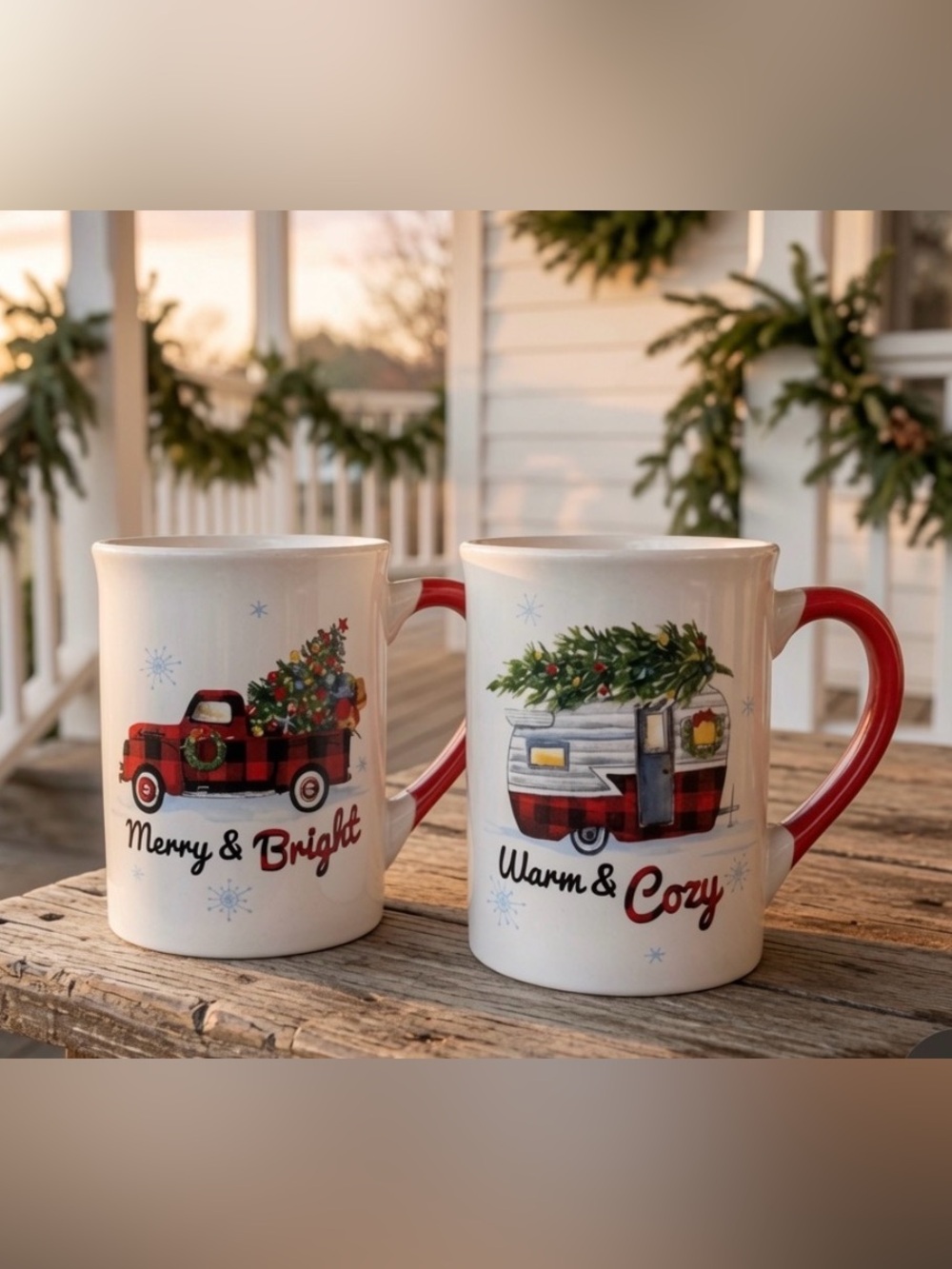 Farmhouse ready Set of 2 Christmas Buffalo Plaid Truck & Camper Ceramic Mugs